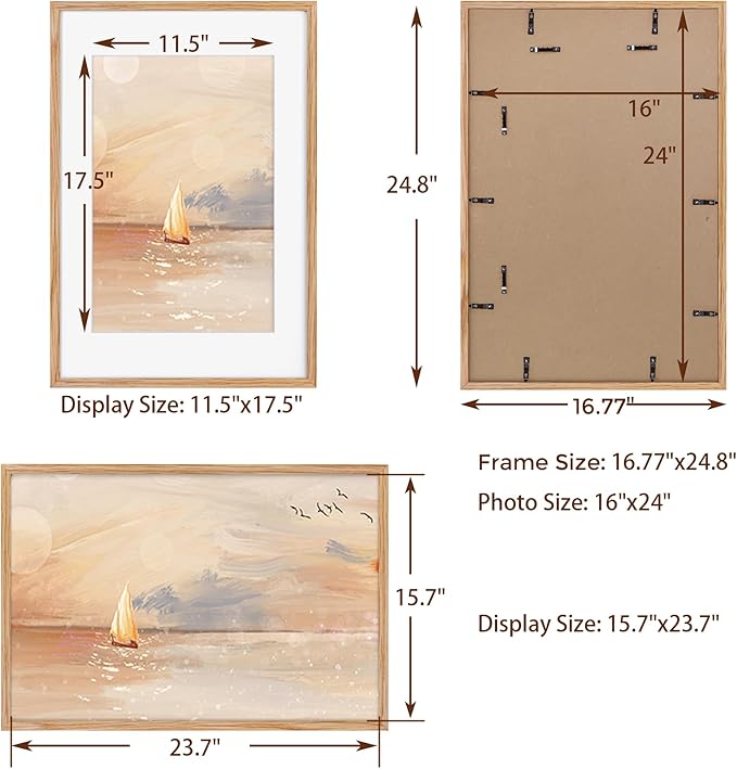Fun Memories 16x24 Wood Picture Frame, Real Oak Wood 16 x24 Frame for Wall, 16x24 Inch Poster Frame, 16x24 Picture Frame Matted to 12x18, 16 by 24 Wooden Frame, Natural Oak Color, 1 Pack