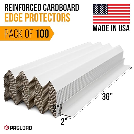 36" x 2" x 2" Reinforced Cardboard Edge Protectors, White (Pack of 100) – 0.12" Thick Medium-Duty Cardboard Corner Protectors for Shipping – American Quality V-Board Pallet Edge Guard