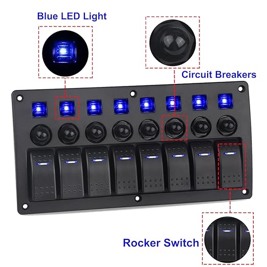 8 Gang Boat Rocker Switch Panel Marine Switch Panel Waterproof Marine Toggle Switches ON/Off with Circuit Breaker for Car RV Truck Automotive 12V-24V