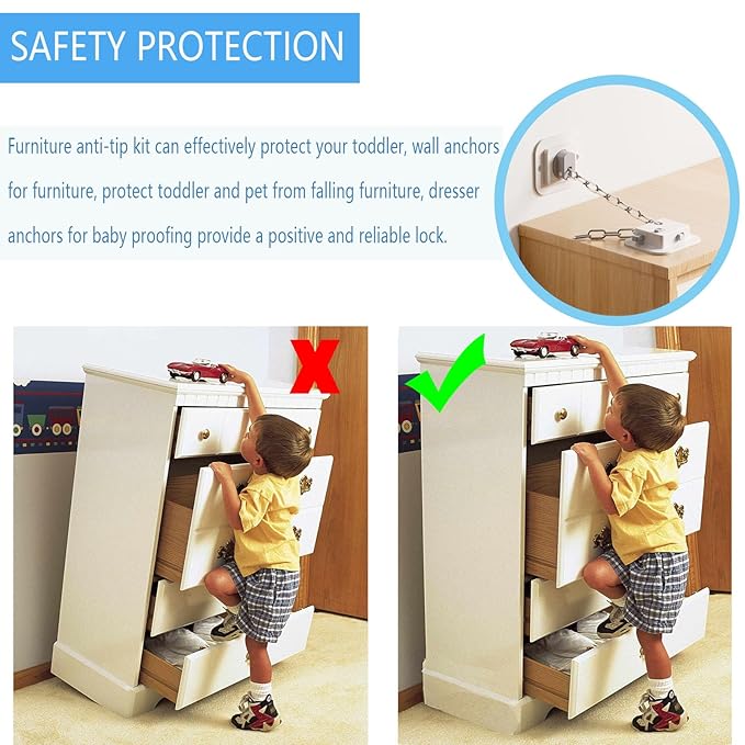 YEYA Upgraded Anti-Tip No Drill Furniture Anchor with Strong 3M Adhesive Backing 10" Adjustable Steel Cable Straps, Baby Proofing Wall Anchors for Child Safety, Playroom Essentials 4P