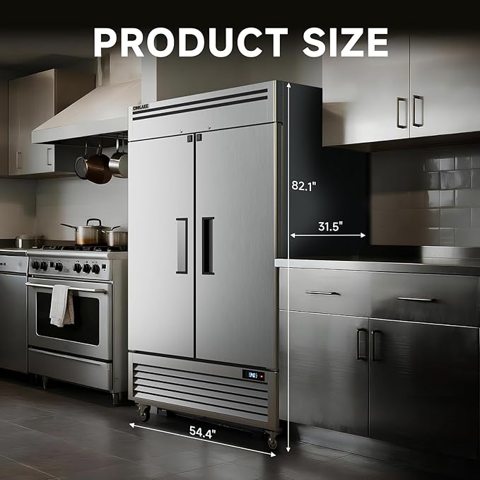 Coolake 49 Cu Ft Commercial Refrigerator, 54.4" W 2 Door Upright Fridge with 8 Adjustable Shelves, Frost-free Stainless Steel Industrial Reach-in Refrigerator for School Restaurant Church Prep Kitchen