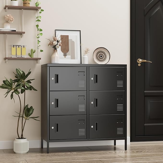 METAN Metal Lockers for Employees,6 Doors Office Storage Lockers with Lock for Office, Assembly Required,Black