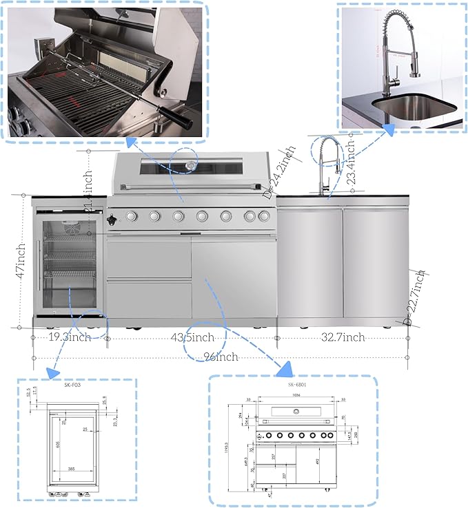 96'' 6-Burner 85000 BTU Deluxe Stainless Steel Natural Gas Outdoor Kitchen Island with Grill, Wine Cooler Compact Refrigerator, Rotisserie Kit, Granite Countertops, Stainless Steel Sink, Silver
