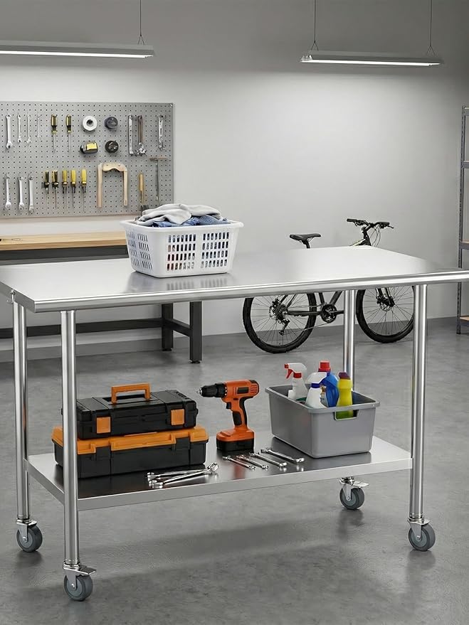 All-Stainless Steel Prep Table, 24 X 48 Inches, with Wheels and Adjustable Undershelf, Heavy-Duty for BBQ,Restaurants,Hotels,Workshops,Kitchens,Gardens, and Garages