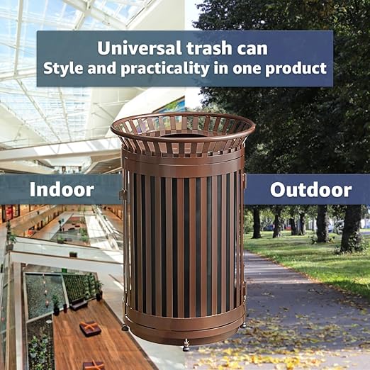 45 Gallon Brown Trash Can with Flat Lid & Door, Outdoor Heavy-Duty Commercial Waste Bin Steel Slatted, Round Recycle Container, Durable Garbage Can for Parks, Municipalities, Schools, Parking