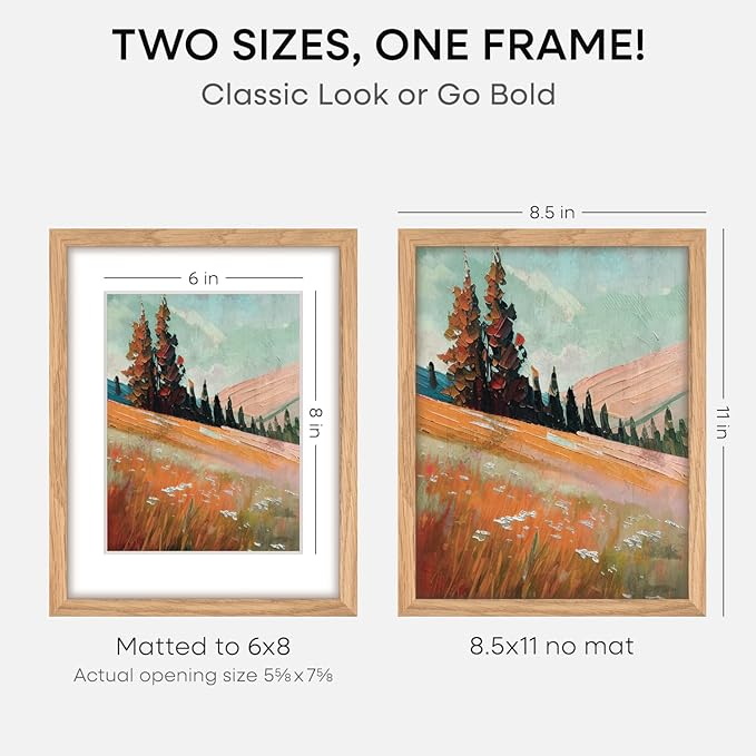 Homeforia 8.5 by 11 Picture Frame Wood, High End Natural Oak 8.5x11 Light Wooden Frames with Mat 6x8 inch Photo, 8.5 x 11 Wall or Tabletop Frame Matted to 6 x 8 Art, Tempered Glass, Wall Kit, Set of 2