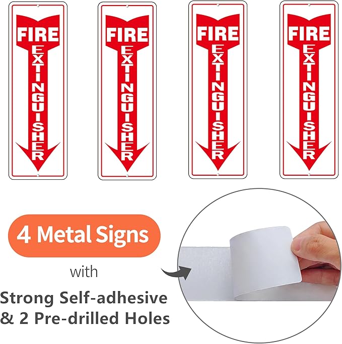 Fire Extinguisher Sign, (4 Pack) Self Adhesive Fire Extinguisher Sticker Signs for Indoor Outdoor, Rust Free Reflective Aluminum Metal Signs for Wall and Door (12 x 4 inches, White/Red)