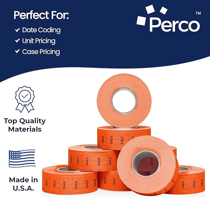 Perco 1 Line Fluorescent Red Sale Labels - 8 Rolls, 1 Sleeve, 8,000 Blank Price and Date Gun Labels for Perco 1 Line Price and Date Guns - Made in USA
