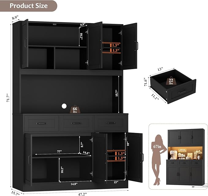 HOSTACK 72" Tall Kitchen Pantry Cabinet with Charging Station | LED Lights, 47" W Kitchen Pantry Storage Cabinet with Countertop, Modern Kitchens Hutch Cabinets with Storage for Dining Room, Black