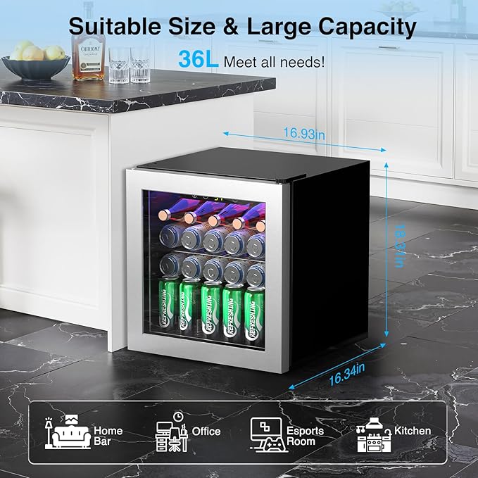 Kismile Beverage Refrigerator Cooler 36L Mini Fridge for 12 Bottle 50 Can,1.3 Cu.Ft Drink Fridge with Quiet Compressor,LED Light,Electronic Temperature Control for Home/Bar/Office 40-61℉,Silver