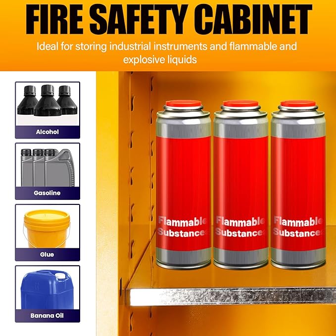 Flammable Storage Cabinet 70 Gallon Yellow, Galvanized Steel Large-Capacity Fire Resistant Cabinet, Dual Vents & 3-Point Lock for Warehouses, Industrial Use & Residential Garages