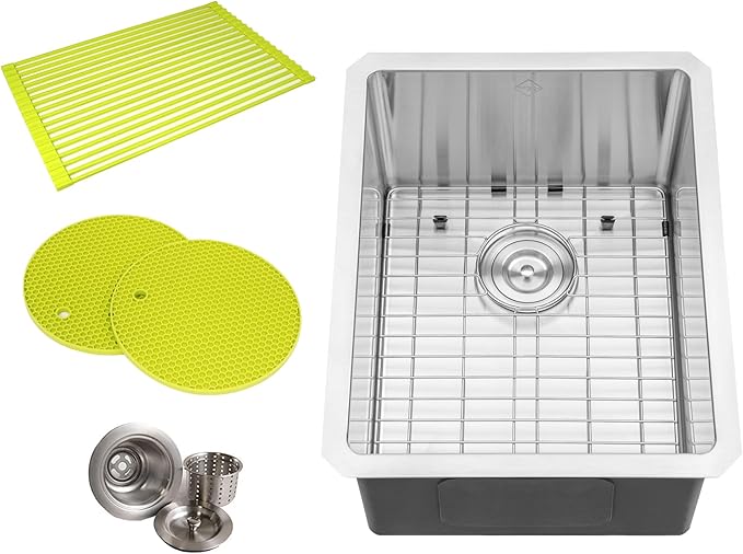 16 in. x 20 in. x 10 in. 16-Gauge Stainless Steel Undermount Single Bowl Bar Prep Kitchen Sink with Bottom Grid Set, Silicon Dishrack, Pot Mat and Strainer