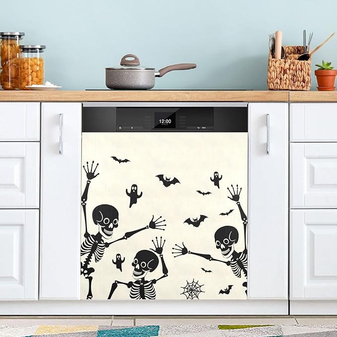 Halloween Skeleton Dishwasher Magnet Cover Panel,Skull Ghost Magnetic Dishwasher Covers Refrigerator Sticker Decal Halloween Decorative Washing Machine Cover for Home Kitchen,23x26in