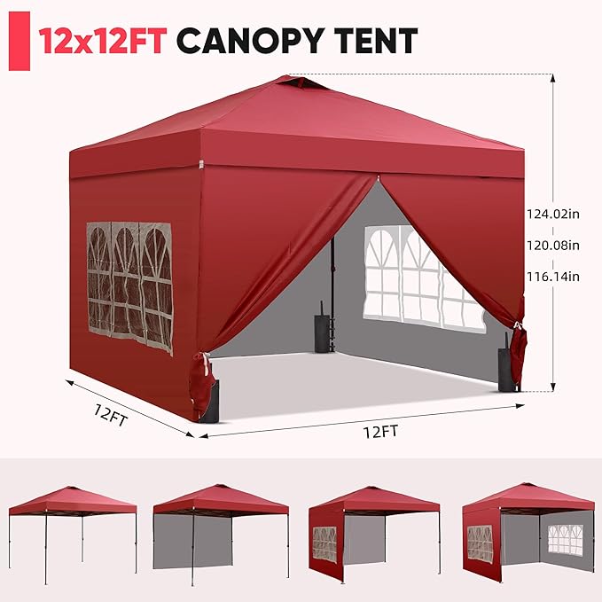 Saemoza 12x12 Pop Up Canopy Tent with One Push Setup, Portable Sun Shade Tent, Instant Easy Up Canopy with 4-Sidewalls & Wheeled Bag, Outdoor Fldable Gazebo with Vent Top, Red.