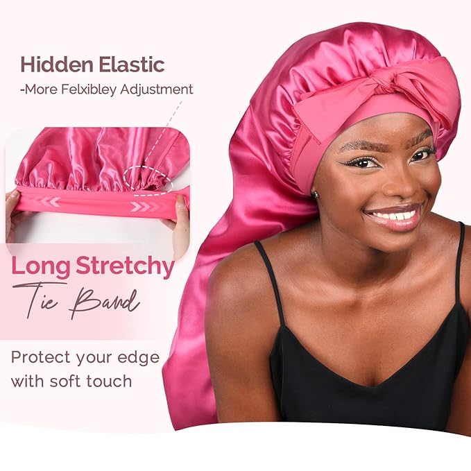 YANIBEST Long Bonnet Satin Bonnet for Sleeping Braid Bonnet with Tie Band Silk Sleep Bonnet for Women Locs Hot Pink