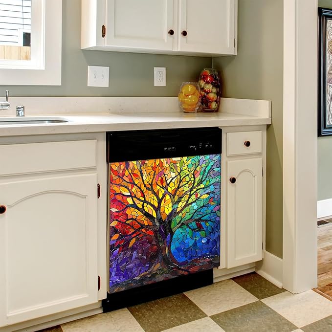 Tree of Life Spring Dishwasher Magnet Cover Tree of Life Rainbow Glass Dishwasher Decorative Cover Front Dishwasher Door Cover Reuseable Dishwasher Cover for Kitchen Home Appliances 23" X 26"