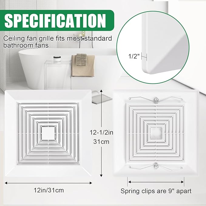White (3 Piece 12" x12"Inch） Bathroom Exhaust Fan Cover with Spring, Square Ceiling or Wall Mounted Exhaust Fan, Ceiling Fan, Grille, Air Diffuser, Diverter Ventilation Hood, Replacement Accessories