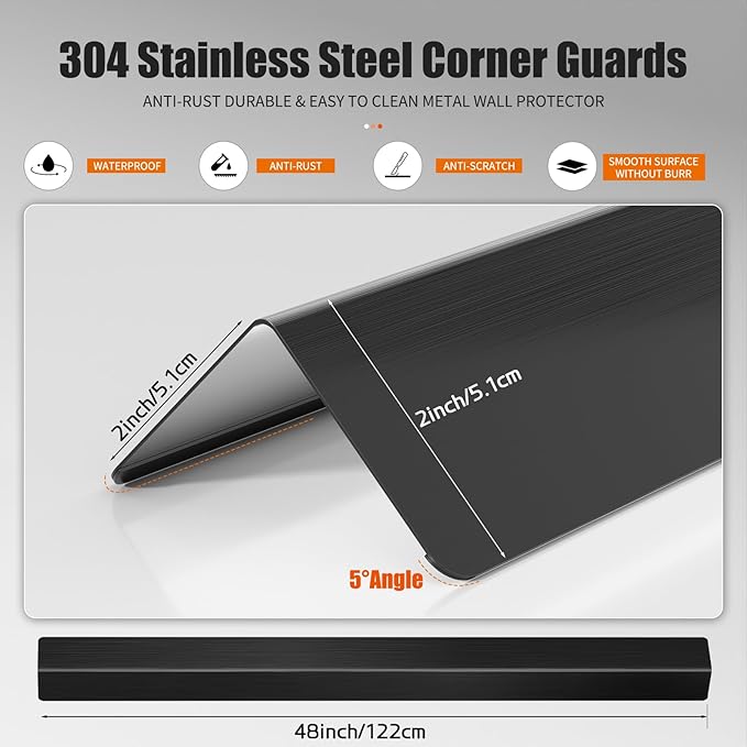 2x2x48 Inch 304 Stainless Steel Wall Corner Guards (10-Pack) Heavy Duty Rounded Corner Protector, Smooth Folded Edge Design for Wall Protection Black Guard Stainless Steel Slab