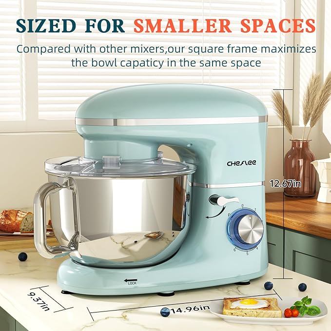 CHeflee Stand Mixer,660W 6+P With 6.5QT Stainless Steel Bowl,Dough Hook, Wire Whip & Beater,for Most Home Cooks (Blue)