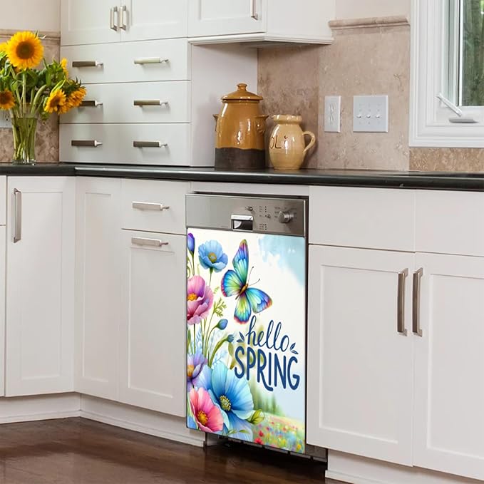 Butterfly Flower Summer Dishwasher Magnet Cover for The Front Dishwasher Door Cover Panel Decals Magnetic Refrigerator Cover for Kitchen Farmhouse Home Decor 23 X 26 in