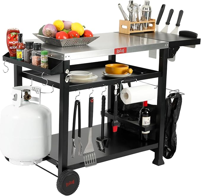 Outdoor Grill Cart, Pizza Oven Table Stand for Outdoor Indoor, 50" x 22" Stainless Steel Tabletop Dining BBQ Grill with Wheels for Food Prep, 3-Shelf Kitchen Cart Table