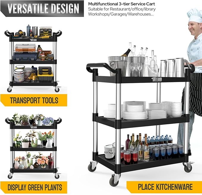 3-Tier Commercial Utility Cart with Wheels, Heavy Duty Rolling Plastic Service Cart, 390 lbs Capacity for Foodservice, Restaurant, Cleaning, Workplace (33.8'' x 16.5'' x 35.8'')