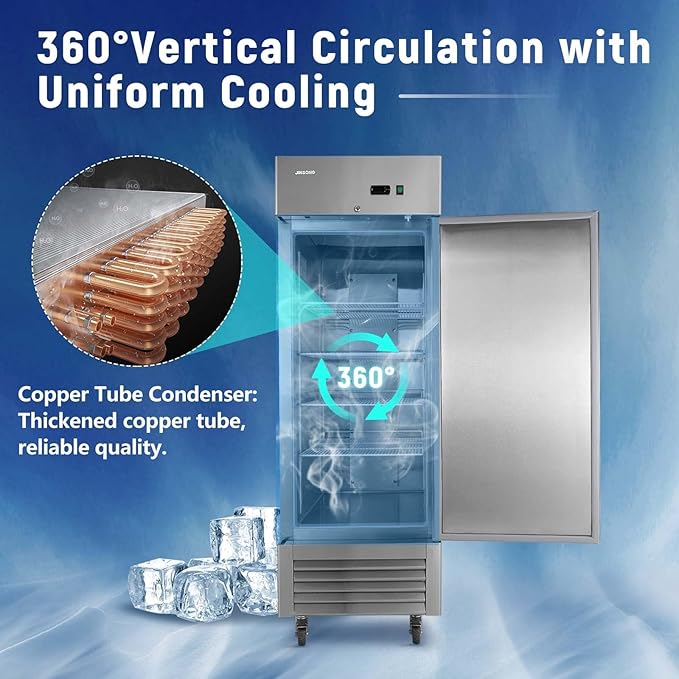JINSONG 27" Commercial Reach-In Freezer, 23 Cu.Ft Stainless Steel Single Solid Door Freezer with 4 Adjustable Shelves & 4 Casters, for Restaurant, Bar, Shop, Home