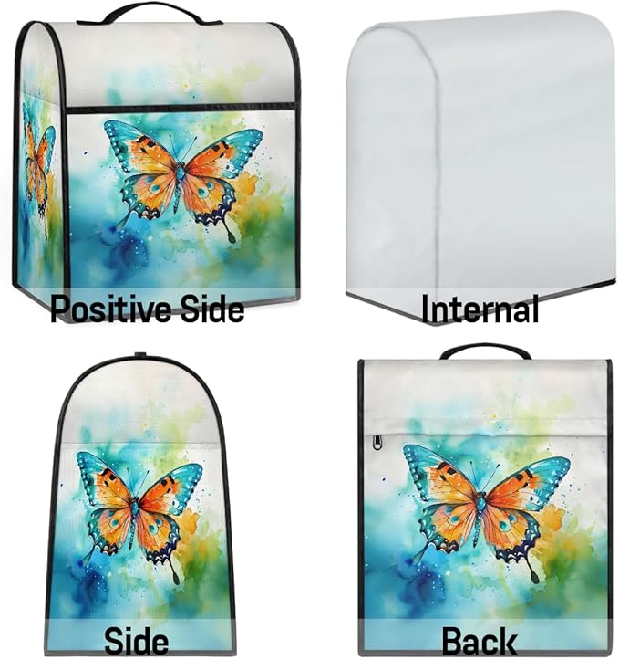 Kitchen Aid Mixer Cover Watercolor Butterfly Animal Stand Mixer Cover Compatible with 6-8 Quarts Stand Mixers, Dust Covers with Zipper Pocket Foldable Washable Kitchen Aid Organizer Bag