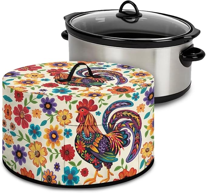 Rooster Colorful Floral Print Oval Slow Cooker Cover with Side Pocket for Small Kitchen Appliance Rice Cooker Cover Keep Kitchen Clean and Easy to Use, 16 x 14 x 9.6 inch