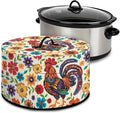 Rooster Colorful Floral Print Oval Slow Cooker Cover with Side Pocket for Small Kitchen Appliance Rice Cooker Cover Keep Kitchen Clean and Easy to Use, 16 x 14 x 9.6 inch