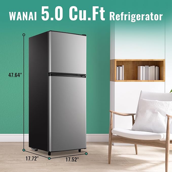 WANAI 5.0 Cu.Ft Fridge with Freezer, Dual Door Refrigerator with 7 Settings Temperature Adjustable, Small Fridge for Office Apartment and Home, Silver