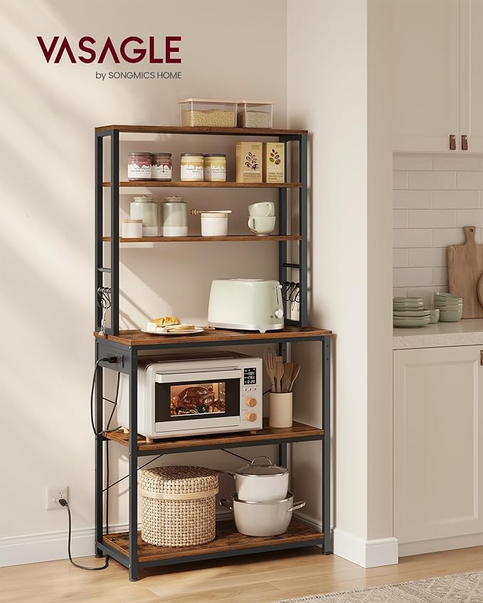 VASAGLE Bakers Rack with Power Outlet, 31.5 Inches Coffee Bar for Kitchen with Storage, 6-Tier Kitchen Shelves with 6 Hooks, Microwave Stand, Industrial, Rustic Brown and Ink Black UKKS119K01