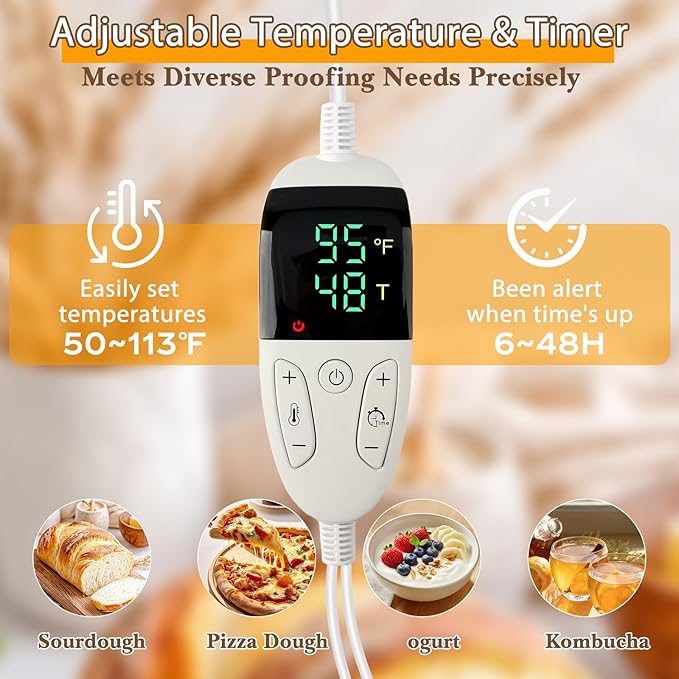 Folding Bread Proofing Box with Temp Probe & 48H Timer, 45W Dough Proofer with 3-Side Heating, 50–113℉ Precise Temp Control, Metal Rack & Tray, Foldable Insulated Box for Sourdough, Pizza, Yogurt