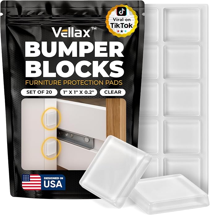 20 Clear Silicone Bumper Blocks – 1" x 1" Anti-Slip Pads for Cabinets, Glass Table Tops, and Chairs – Wall Protector & Soft-Close Noise Dampening Pads by Vellax