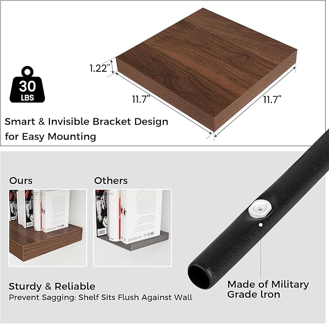 Square Floating Shelves for Wall 12"W x 12"D x 1.2"H, Engineered Wood Wall Shelves with Invisible Brackets for Living Room Bedroom Bathroom Office Kitchen Storage Decor, Rustic Brown Finish, Set of 3