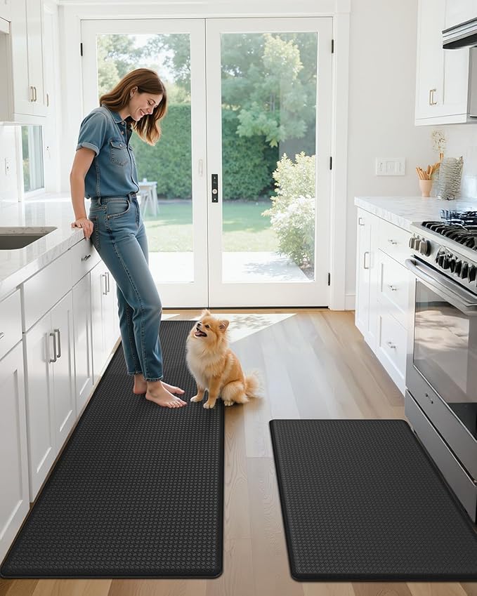 Color&Geometry Anti Fatigue Cushion Padded Kitchen Mat for Floor - 24x59+24x87,Easy Clean, Waterproof & Oil Proof, Anti Slip, Foam Rubber Runner Rug for Front Sink Comfort Standing, Black Set of 2