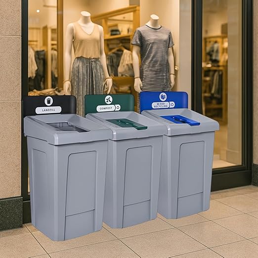 33 Gallon Mixed Recycling Bin with Hinged Lid – Large-Capacity Commercial Waste Container for Paper, Cans, and Plastic – for Offices, Schools, and Cafeterias