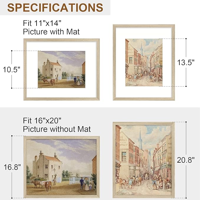 Vittanly 16x20 Picture Frame, Solid Wood Frame with Plexiglass, Includes 11x14 Mat, Wall Hanging for Photos, Home Decor, Light OAK, 1 Pack