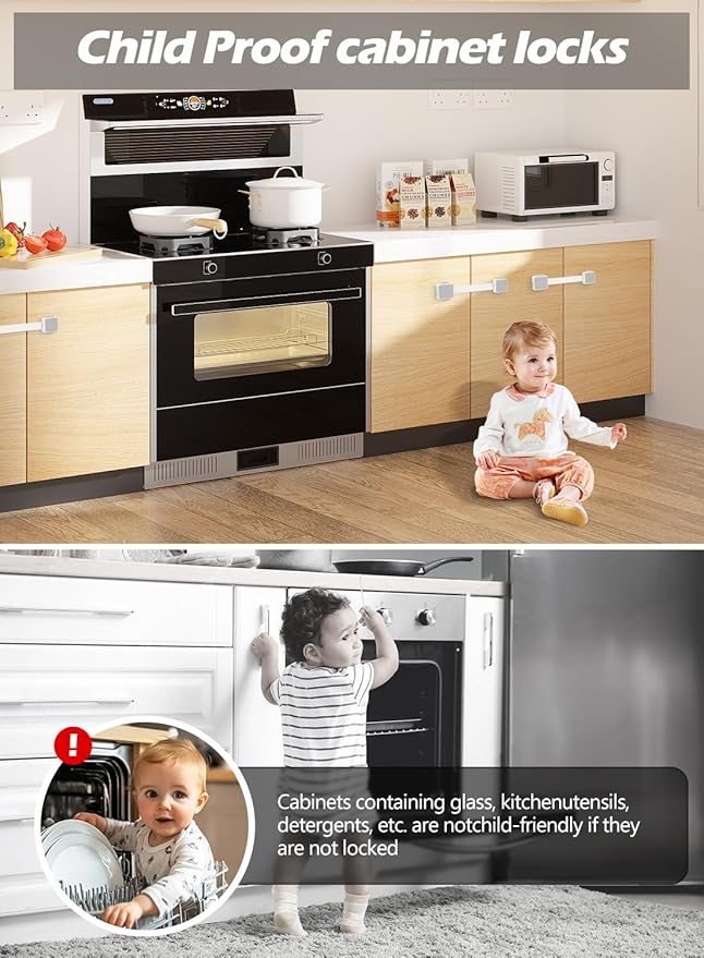12 Pack Baby Proofing Safety Locks Child Safe for Cabinet Drawer Fridge Oven Dishwasher Doors, Toilet Seat & Lid, Adjustable Furniture Latches and Straps, 3M Adhesive No Drilling Button,Unlock Design