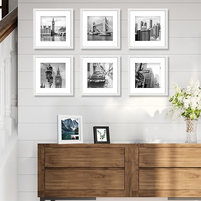 12x12 White Picture Frame set of 3, Made of Real Glass and Wooden Square Photo frame - Displays Picture 8x8 With Mat or 12 x 12 Without Mat, Desktop & Wall Collage Photo Frame