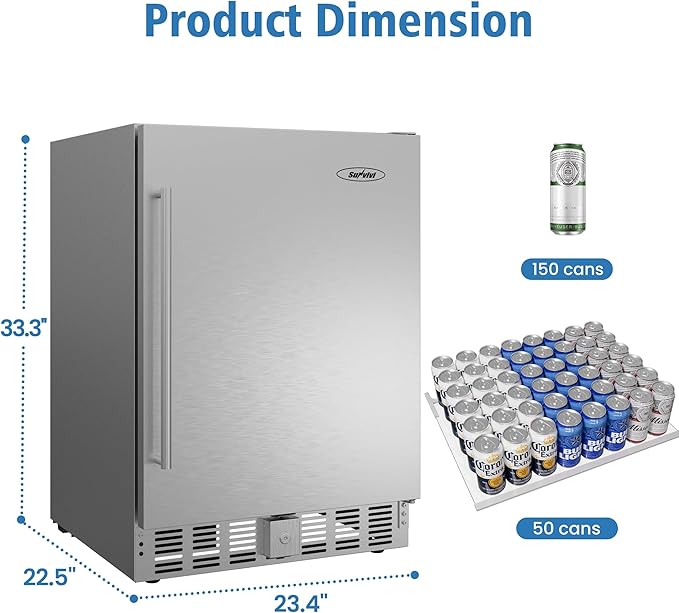 SUNVIVI Outdoor & Indoor Beverage Refrigerator, 24 Inch Stainless Steel Under Counter Drink Fridge, Silver Weatherproof Can Cooler Wine Chiller with Lock for Kitchen, Office, Patio, Bar, Home