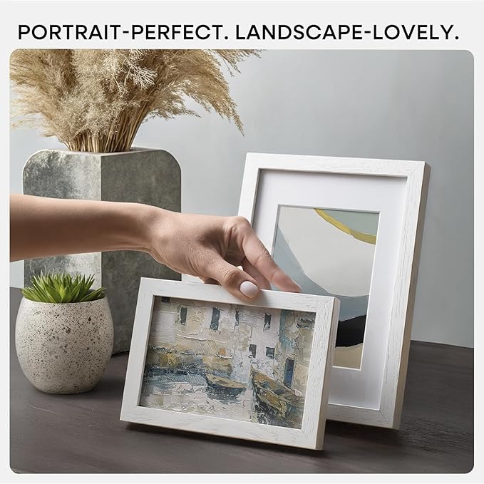 Homeforia 8.5 by 11 Picture Frame White, High End Oak 8.5 x 11 Wood Frames with Mat 6 x 8 inch Photo, 8.5by11 Wooden Frame Matted to 6x8 Art, Wall or Tabletop Frame, Tempered Glass, Wall Kit, Set of 2