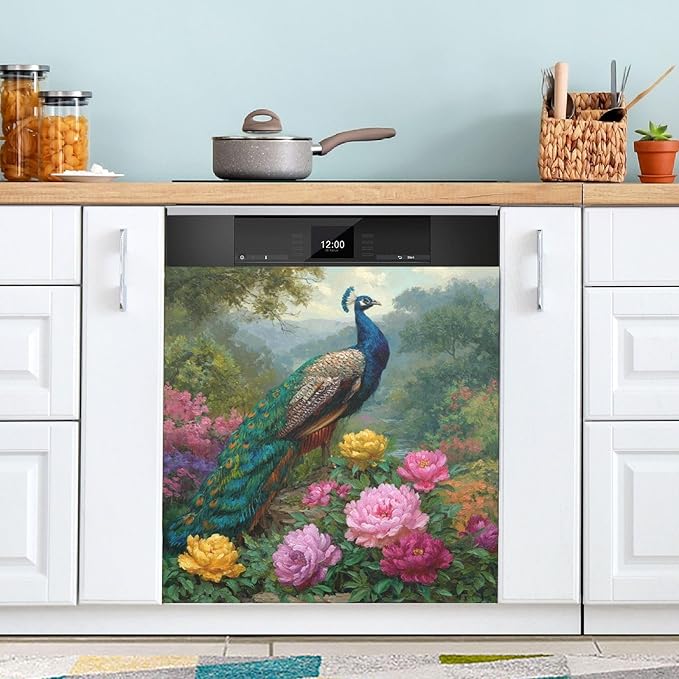 Peacock Flowers Garden Green Dishwasher Magnet Cover Front Door Magnetic Dishwasher Cover Decorative Refrigerator Magnet Covers Fridge Panel Decal for Kitchen Home, 23" x 26"