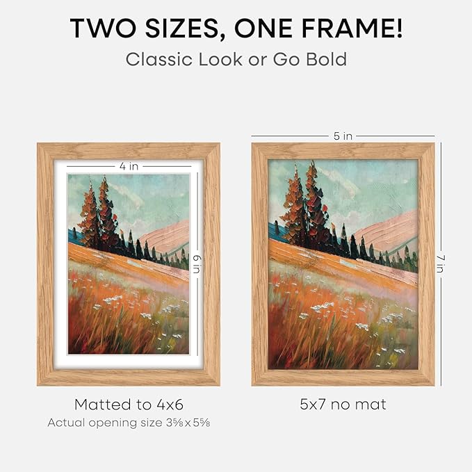 Homeforia 5x7 Picture Frame Wood, High End Natural Oak 5x7 Light Wooden Frames with Mat 4x6 for Photo, 5 x 7 Frame Matted to 4 x 6 Print, 7x5 Wall or Tabletop Frame, Tempered Glass, Wall Kit, Set of 4