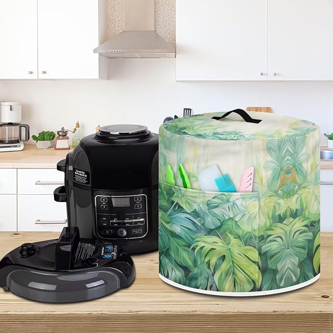 TODIYADDU Tropical Palm Leaves Pressure Cooker Cover with Handle and Storage Pocket for Extra Accessories Portable Kitchen Small Appliance Dust Cover Protective Case