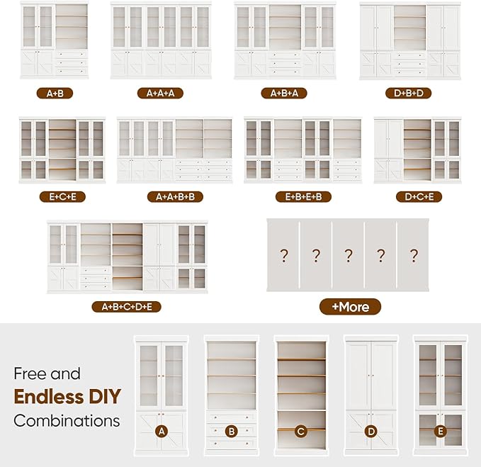 70.8" Tall Farmhouse Kitchen Pantry Cabinet with Doors, Modular Storage Cabinet with 4-Tier Adjustable Shelves, White, Wooden Hutch for Living Room, Kitchen, Set of 2