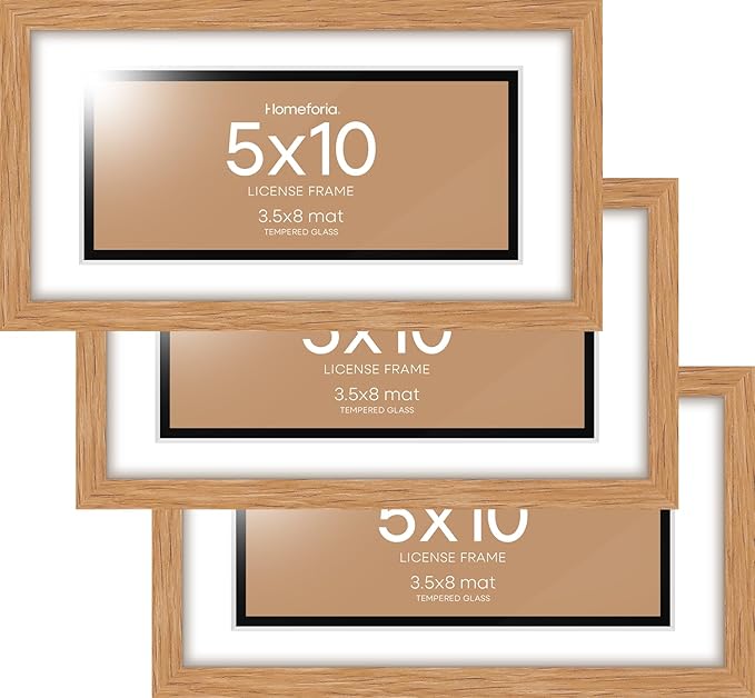 Homeforia 5x10 Business License Frame Wood, High End Natural Oak 5 x 10 Document Certificate Frames with Mat 4x9 inch, 10x5 Light Wooden Frames for Wall or Tabletop, Tempered Glass, Wall Kit, Set of 3