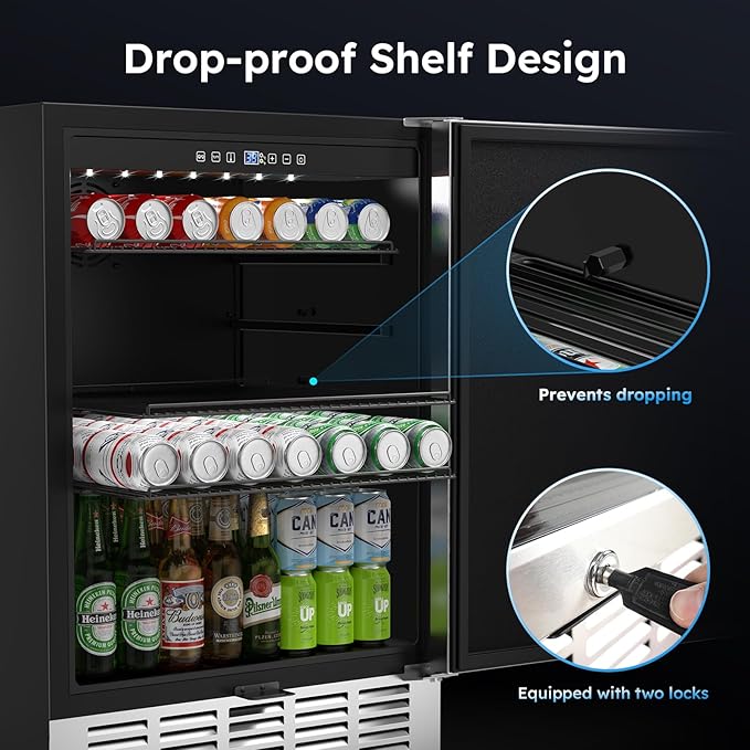 24 Inch Beverage Refrigerator, 190 Cans Built-in/Freestanding Beverage Cooler, Digital Memory Under Counter Beer Fridge with Glass Door, Safety Locks, Removeable Racks (Glass Door)