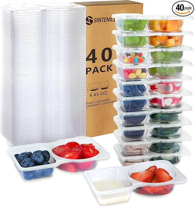 40 Sets Reusable Snack Containers With Lids, Double Compartment Snack Pack Containers, Portion Control, Meal Prep, Ideal For On-The-Go Mini Sauce Boxes & Lunchable Snack Packs For Kids