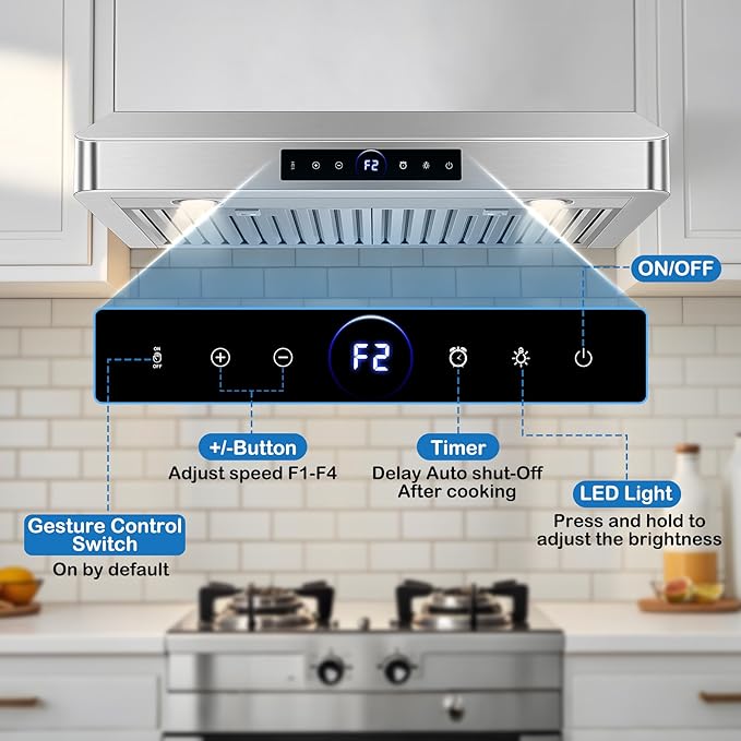 30 inch Under Cabinet Range Hood 1200 CFM with 4-Speed Gesture Sensing & Touch Control, Stainless Steel Kitchen Stove Vent Hoods with 2 LED Lights, Time Setting, Dishwasher-Safe Baffle Filters
